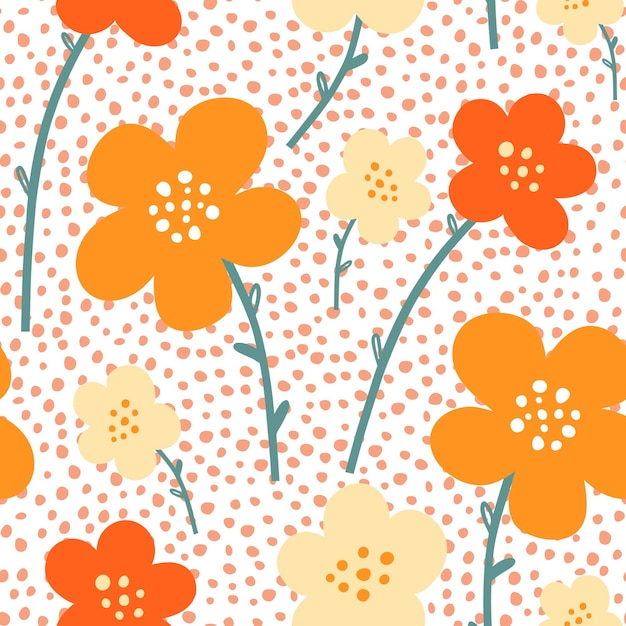 Vector naadloos patroon met oranje abstracte bloemen op een lichte achtergrond.