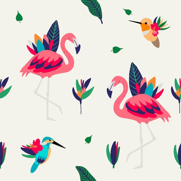 Vector naadloos patroon met roze flamingo's exotische vogels en planten Ontwerp voor stoffenbehang