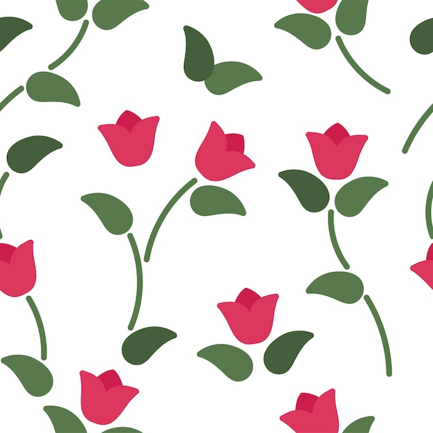 Vector naadloos patroon met roze tulpen en groene bladeren op een witte achtergrond. Lente bloemen