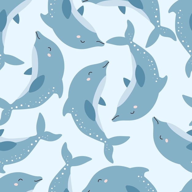 Vector naadloos patroon met schattige dolfijn op blauwe achtergrond