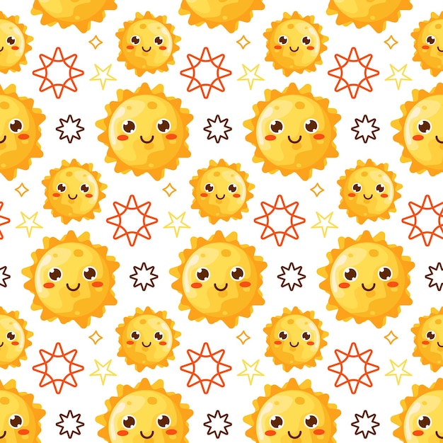 Vector naadloos patroon met schattige glimlachende zon Kawaii pictogrammen Hemel achtergrond voor kinderen mode