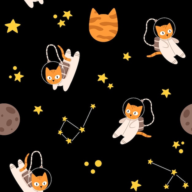 Vector naadloos patroon met schattige kat astronauten sterrenbeeld en planeten Grappige achtergrond met katten in de ruimte tussen de sterren