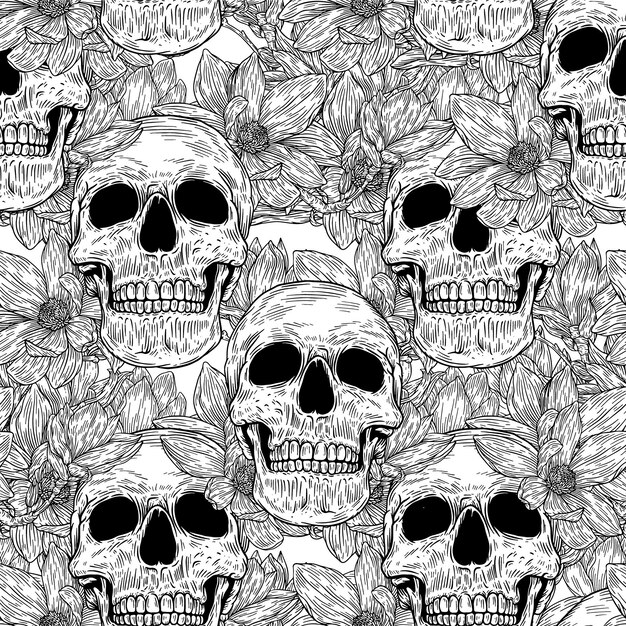 Vector vector naadloos patroon met schedels op zwarte achtergrond in retro tatoeages old school grunge punk een