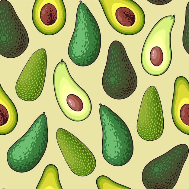 Vector vector naadloos patroon met verschillende soorten avocado, geheel en half