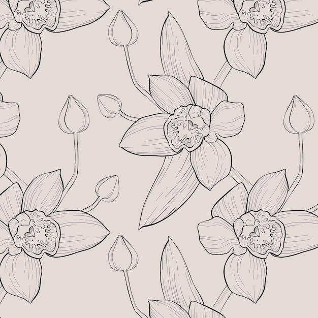 Vector naadloos patroon met vintage hand getrokken lineaire orchideeën.