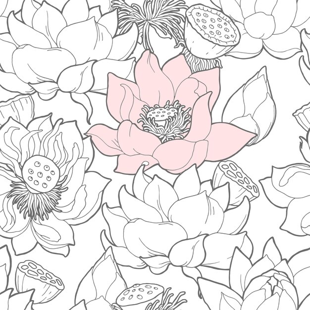 Vector naadloos patroon met witte en roze lotus
