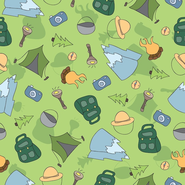 Vector naadloos patroon van Camping Elements - Hand Drawn Doodle background