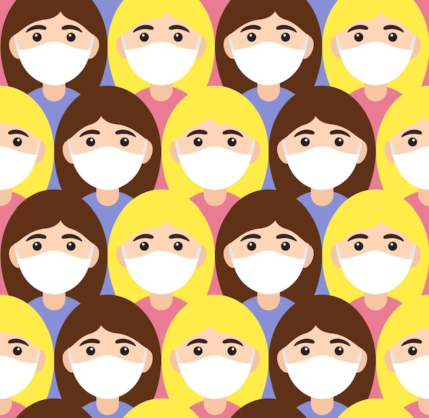 Vector naadloos patroon van meisjesgezicht in doktersmasker