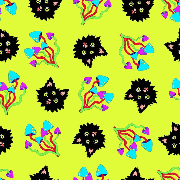 Vector naadloos psychedelisch patroon met trippy zure paddenstoelen en funky cat Crazy trippy achtergrond