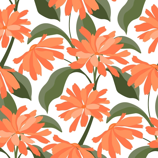 Vector naadloze bloemmotief oranje bloemen met groene twijgen en bladeren op een witte achtergrond