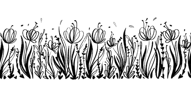 Vector naadloze grens met inkt tekenen van bloemen elementen Hand getekend zwart-wit horizontale achtergrond met klaprozen en wild gras