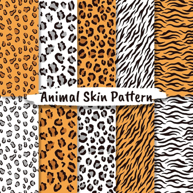 Vector naadloze patronen instellen met de textuur van de huid van een proefdier. cheetah giraffe leopard jaguar, herhalende dierlijke achtergronden voor textielontwerp, inpakpapier.
