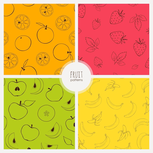 Vector naadloze patronen met bananen, sinaasappelen en appels Fruit patronen set