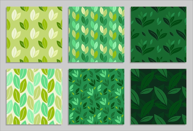 Vector naadloze patronen met bladeren, herhaalbare minimalistische achtergronden. Herhaalbare botanische achtergronden. Groene geometrische theeblaadjes motief set.