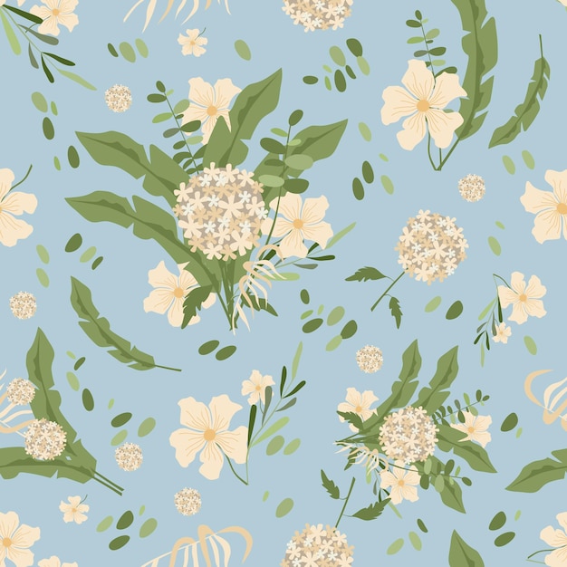 Vector naadloze patroon delicate witte en crème bloemen en groenen op een blauwe achtergrond trendy illustratie voor design