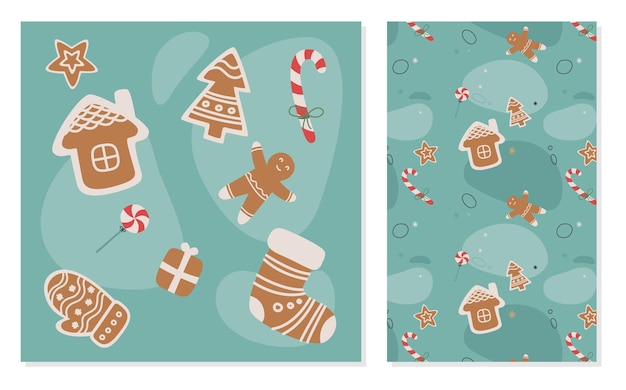 Vector naadloze patroon en illustratie set Gingerbread man, huis, kerstboom, snoepgoed enz