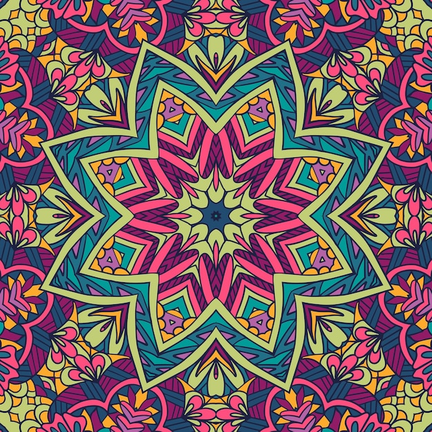 Vector naadloze patroon etnische boho kunst mandala. doodle ontwerp met kleurrijke sieraad.