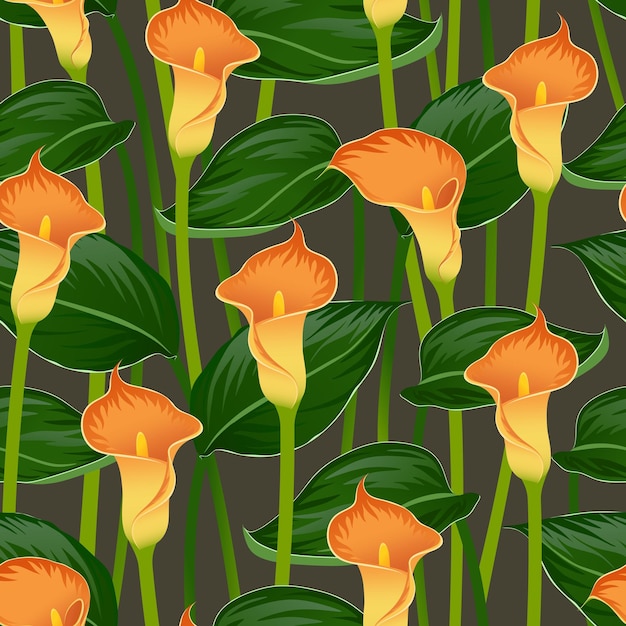 Vector vector naadloze patroon met bloeiende oranje calla lilies op een bruin grijze achtergrond in vector