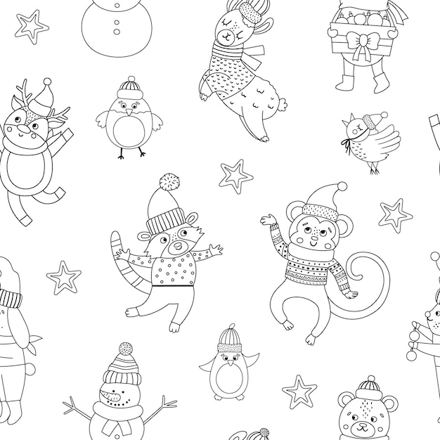 Vector naadloze patroon met zwarte en witte kerst tekens. Herhalende achtergrond met de kerstman, grappige dieren, sneeuwpop. Schattig winter digitaal papier voor decoraties of nieuwjaarsontwerp.