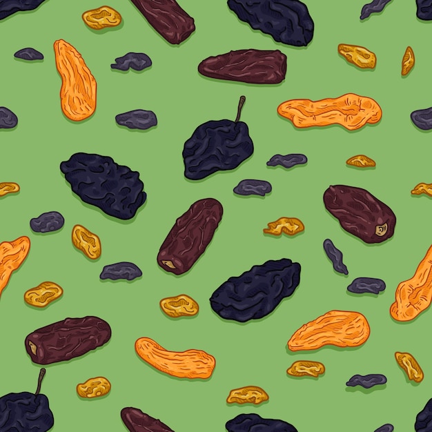Vector naadloze patroon van Cartoon gedroogde vruchten op groene achtergrond