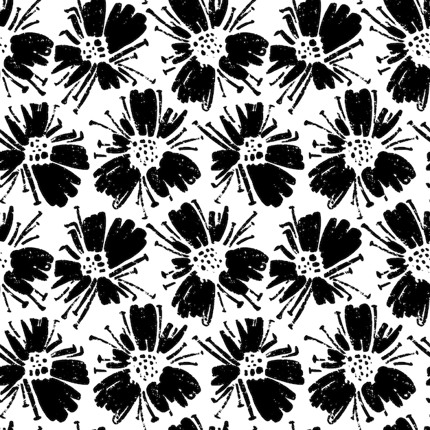 Vector naadloze patroon van inkt tekenen wilde planten kruiden en bloemen monochroom botanische illustratie bloemen elementen hand getekende herhaalbare achtergrond artistieke backdrop