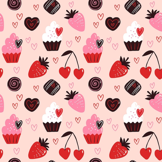 Vector naadloze patroon voor Valentijnsdag Cupcake kersen aardbei en chocolade snoepjes Doodle illustratie voor behang opvulling webpagina achtergrond oppervlakte texturen