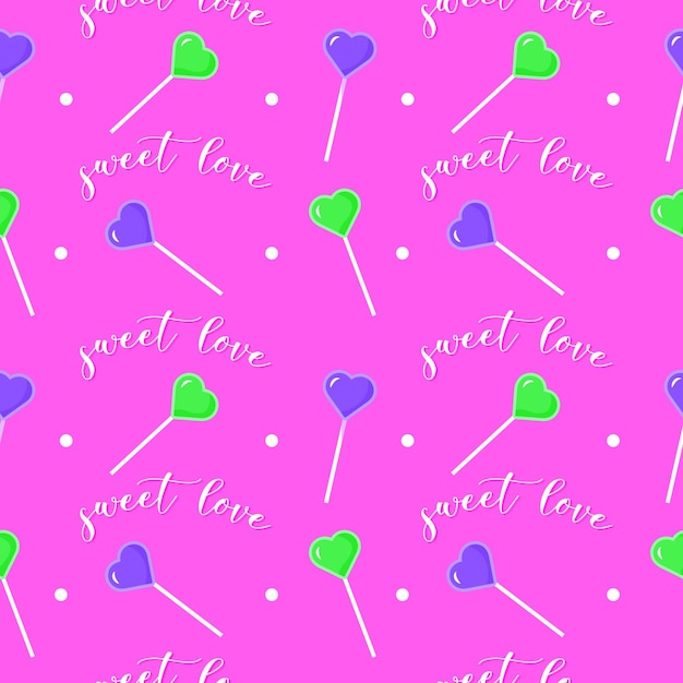 Vector naadloze Valentijnsdag patroon met hartjes en snoep, inscriptie Sweet love trendy hand