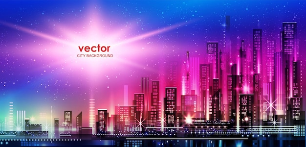 Vector nacht stad illustratie met neon gloed en levendige kleuren