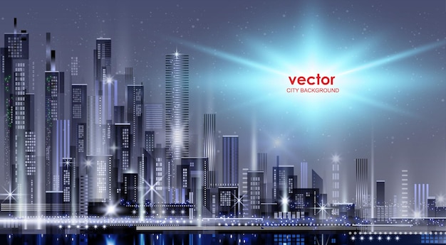 Vector nacht stad illustratie met neon gloed en levendige kleuren