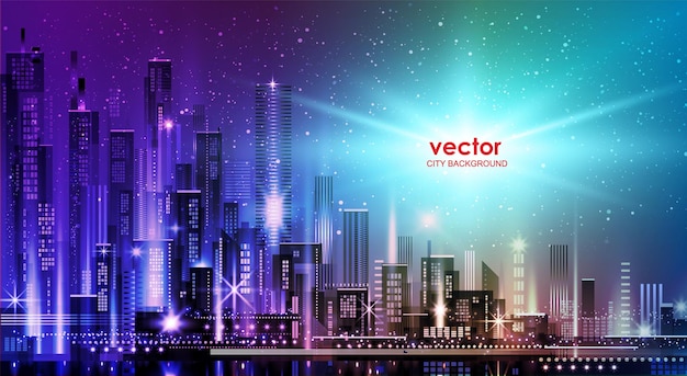 Vector nacht stad illustratie met neon gloed en levendige kleuren