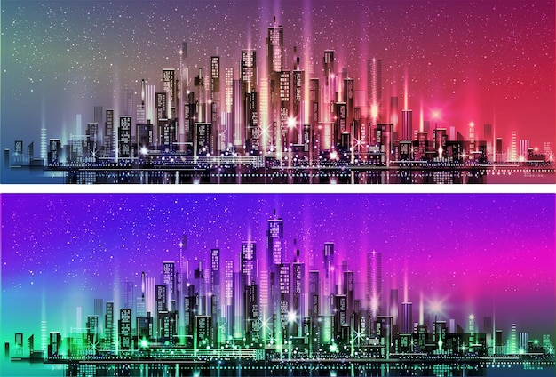 Vector nacht stad illustratie met neon gloed en levendige kleuren