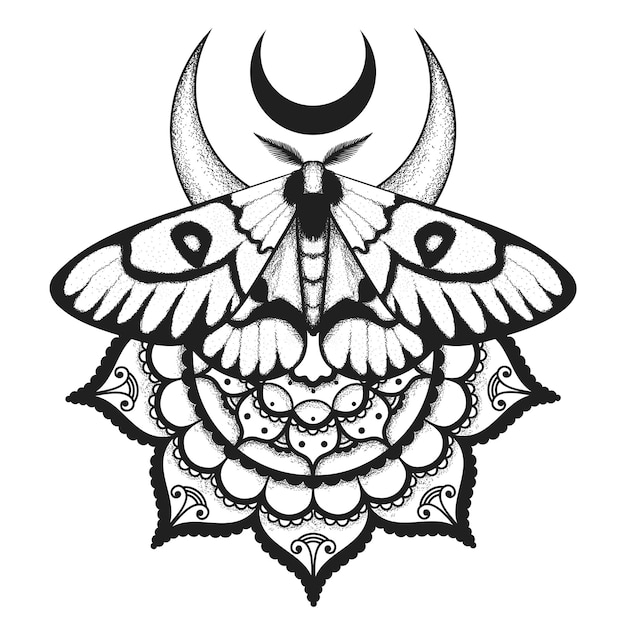 Vector nachtvlinder mystieke mandala symbool hekserij alchemistische tekenen vlinder nachtvlinder vintage gegraveerde stijl