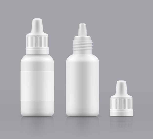 ベクター鼻スプレー 眼滴 オープンと閉じた白いプラスチックボトル 鼻用医薬品を含む容器 空のパッケージ ベクター分離イラスト