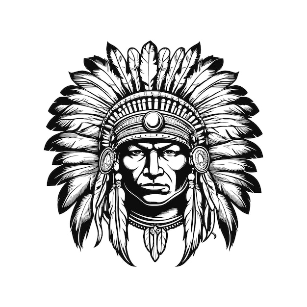 Vector native american indian chief head logo hand drawn illustration
