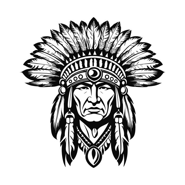 Vector Native American Indian Chief hoofd logo met de hand getekende illustratie