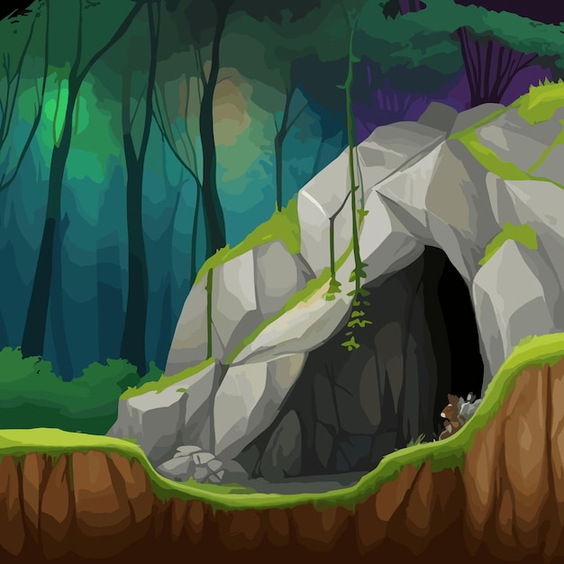 Vector vector nature forest landscape at night scene with cave illustration