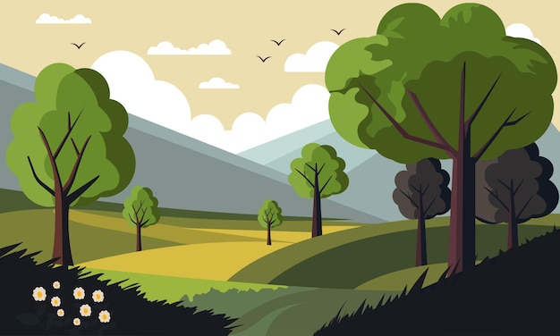 Vector Nature Landscape Background With Trees Flying Birds