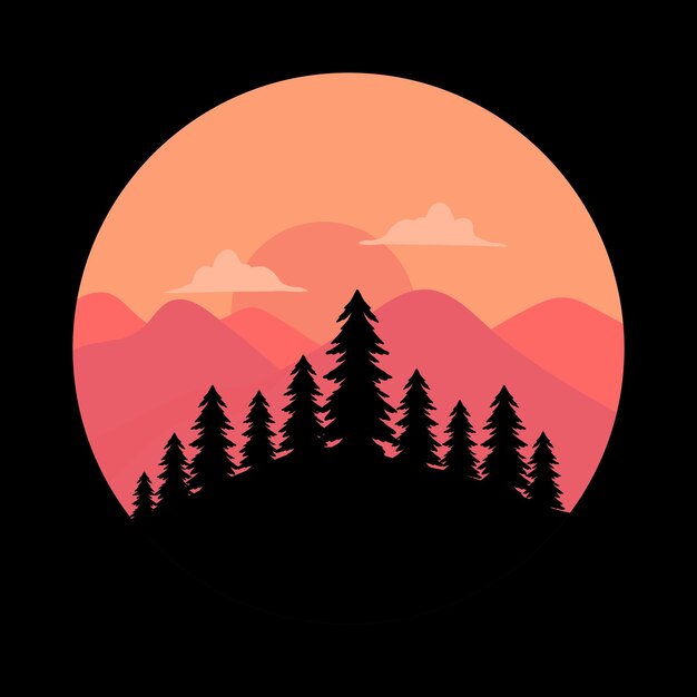 Vector nature landscape with red silhouettes of mountains and forest