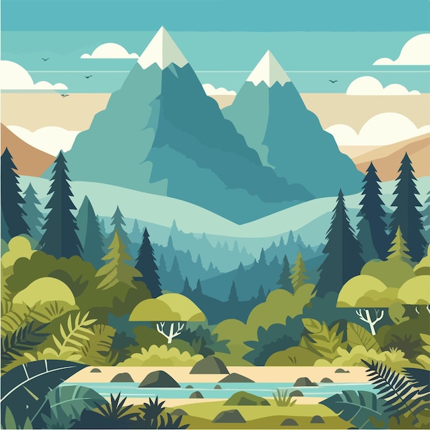 Vector vector nature mountain forest jungle landscape background in vector flat color