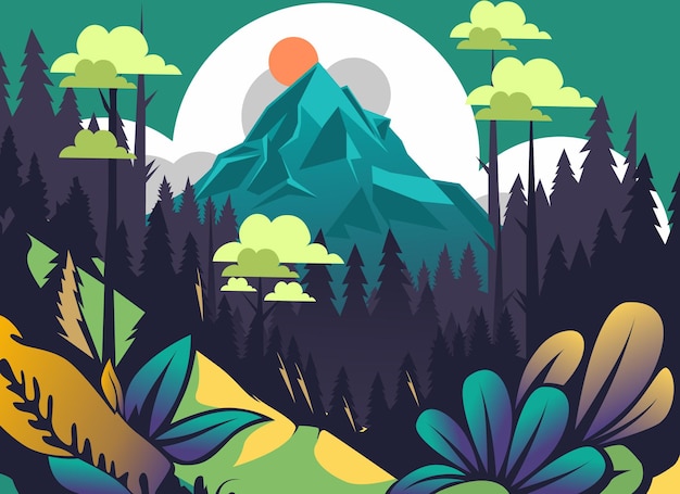 Vector nature mountain forest jungle landscape background in vector flat illustration