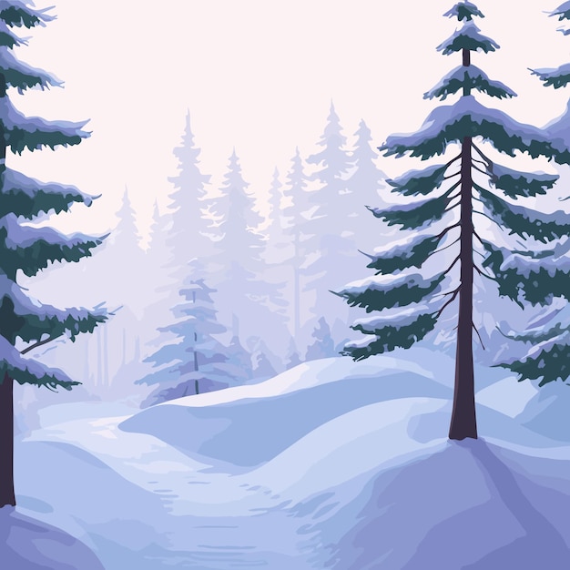 Vector vector nature scene with snow on ground and trees illustration