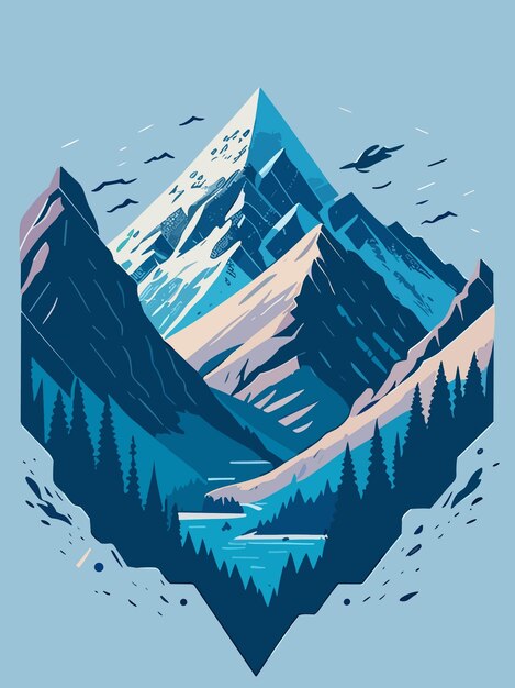 Vector a vector nature snowy mountain hill in winter portrait art illustration design artwork