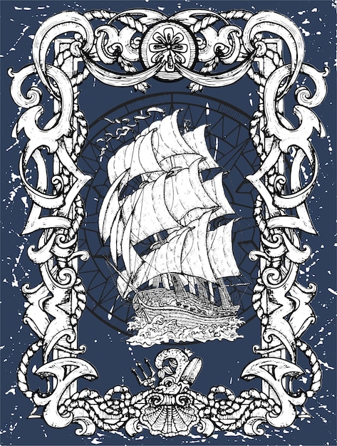 Vector nautical illustration historical adventure concept tshirt graphic design element