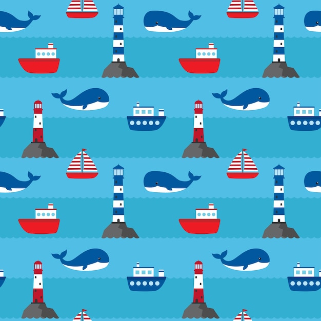 Vector nautical pattern with lighthouses whale ships