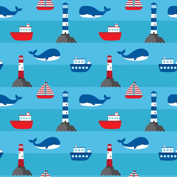 Vector vector nautical pattern with lighthouses whale ships
