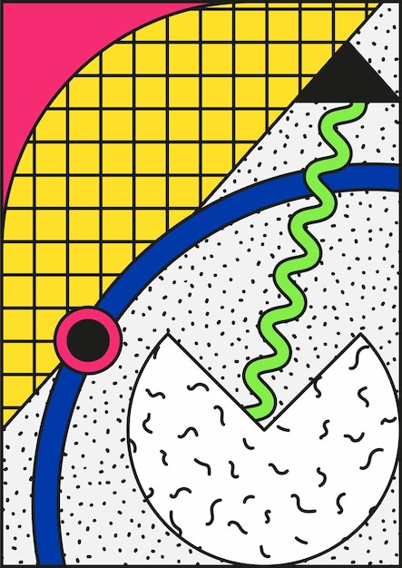 벡터 80 90 빈티지 스타일의 벡터 네오 멤피스 구성. 기억에 남는 브랜드 아이덴티티 스티커 벽지 그래픽 디자인 카드 포스터 포장 티셔츠 잡지 전단지 광고판을 위한 이 대담한 블록 이미지