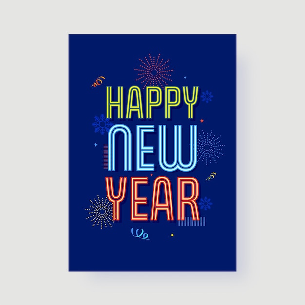 Vector Neon Effect Happy New Year Font And Fireworks On Blue Background.
