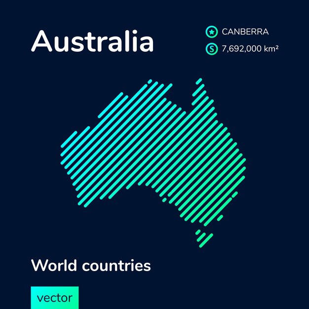 Vector neon flat map of Australia with green turquoise striped texture on dark blue background