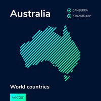 Vector neon flat map of australia with green turquoise striped texture on dark blue background