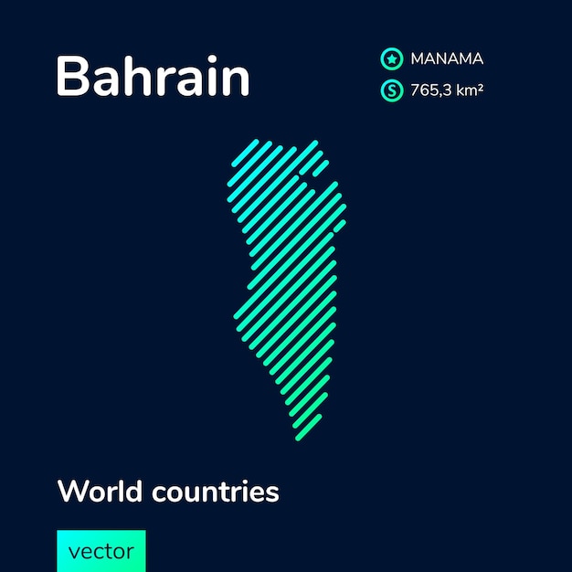 Векторная неоновая плоская карта Бахрейна с зеленой мятно-бирюзовой полосатой текстурой на темно-синем фоне